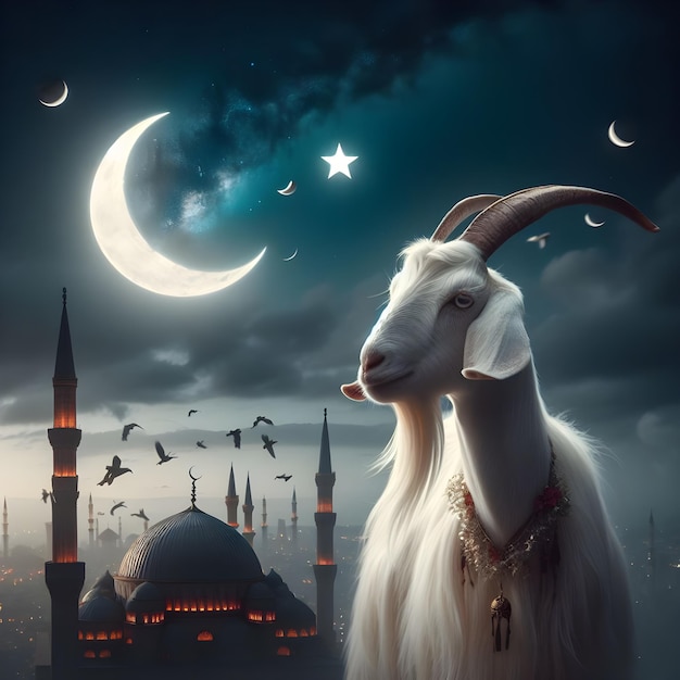 a goat with a bell around its neck stands in front of a mosque with birds flying around it