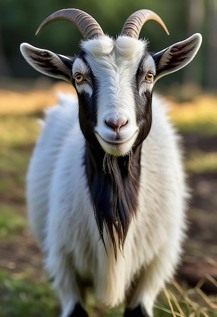 a goat with a black face and white fur and brown eyes