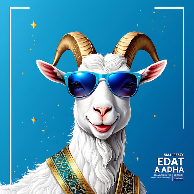 a goat with blue glasses and a gold band around his neck