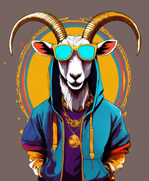 a goat with a blue hoodie and glasses