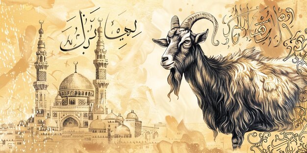 Photo a goat with a calligraphy of the year