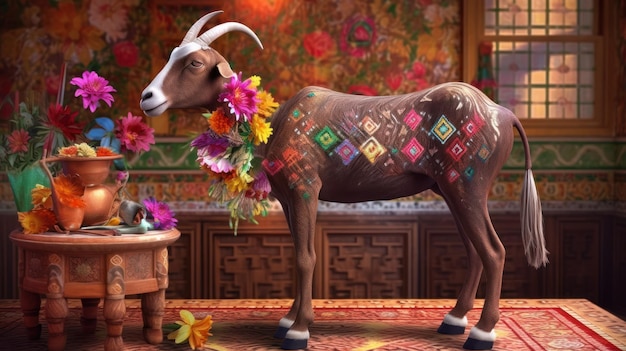 A goat with colorful flowers on it is standing in front of a table.