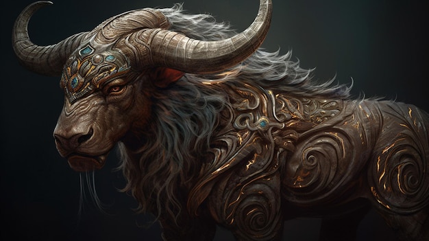 A goat with a gold and silver design