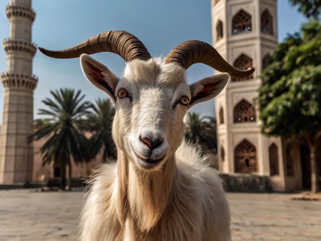 a goat with horns and a bell tower in the background