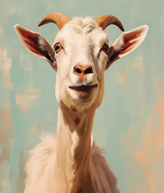 A goat with horns and a blue background