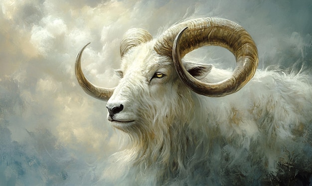 a goat with horns has a yellow eye and a black and white background