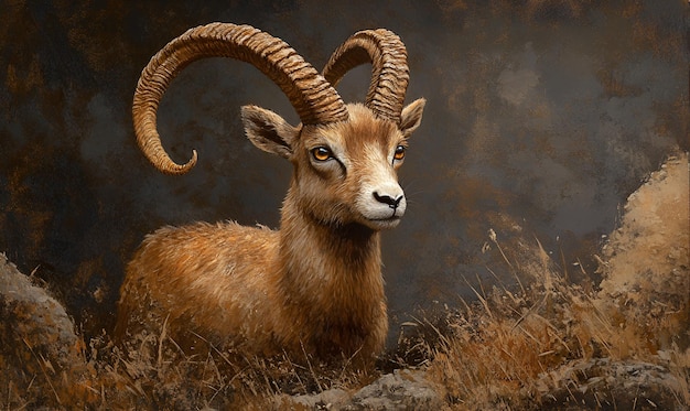 a goat with horns and horns sits in the grass