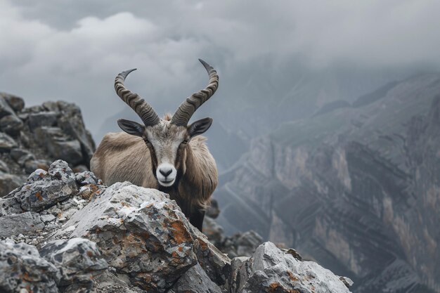 Photo a goat with horns on a rocky mountain