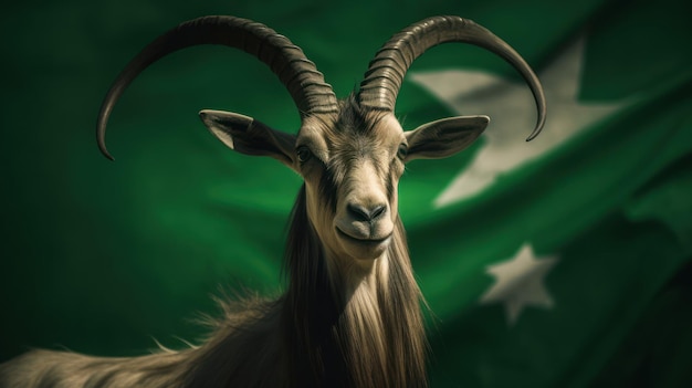 A goat with horns stands in front of a green and white flag.