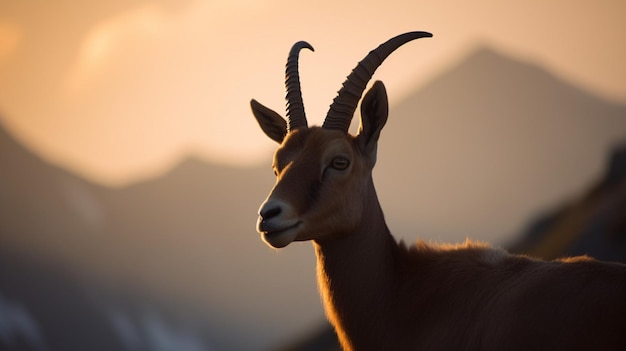 A goat with horns stands in front of a mountain at sunset