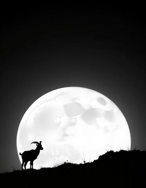 Photo a goat with horns stands on a hill and the moon behind it