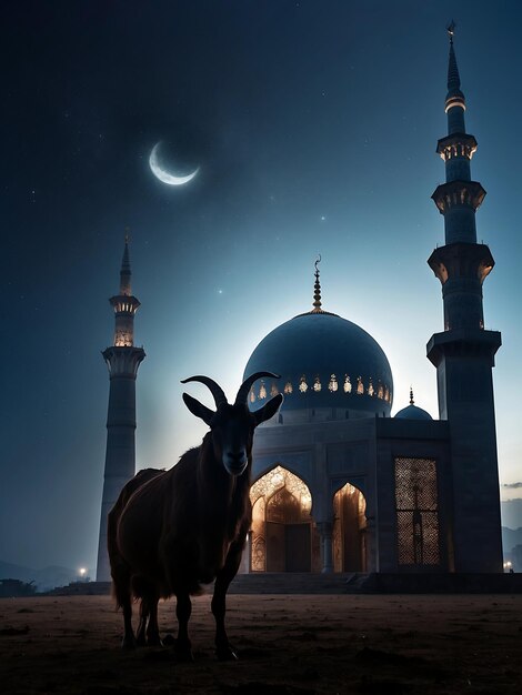 Photo a goat with horns stands on a hill with a building in the background