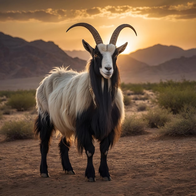 a goat with horns stands in the sand under a tree