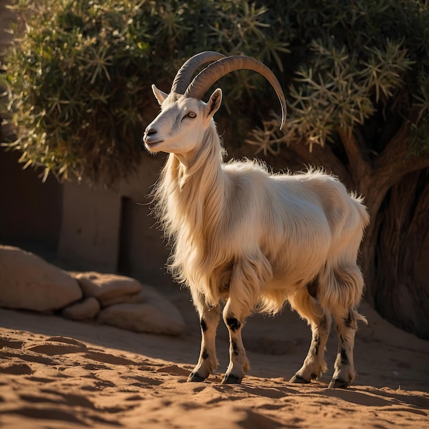 a goat with horns stands in the sand under a tree