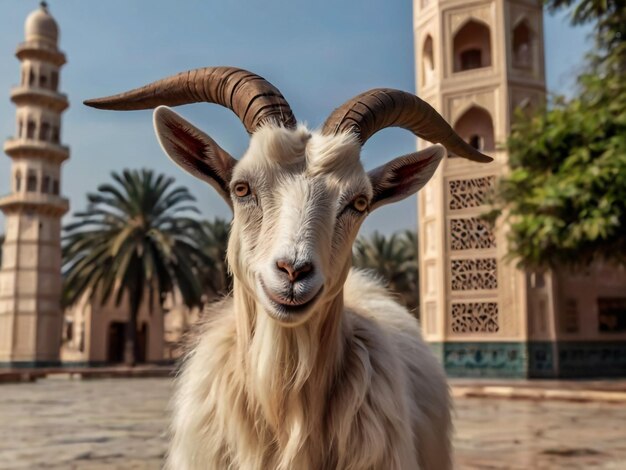 a goat with horns that is smiling at the camera