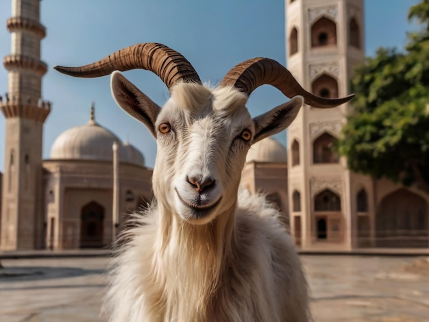 a goat with horns that is smiling at the camera