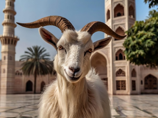 a goat with horns that is smiling at the camera