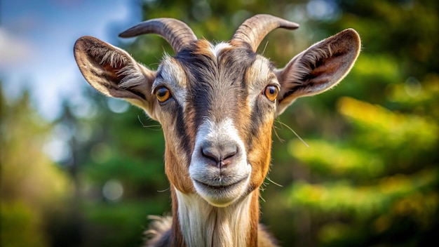 a goat with horns that is smiling and has a smile on its face