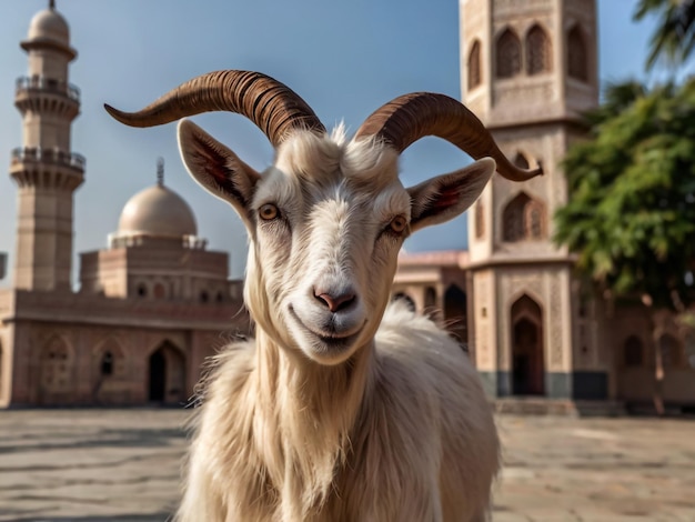 a goat with horns that is white