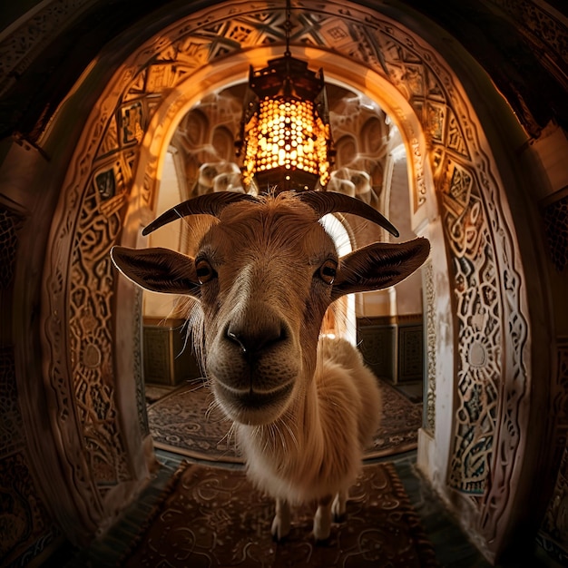 goat with islamic lantern background for design Eid al Adha sale post for social media