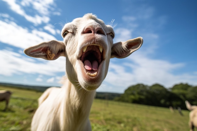 Photo a goat with its mouth open in a field