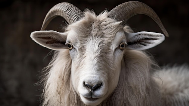 A goat with large horns and a dark background