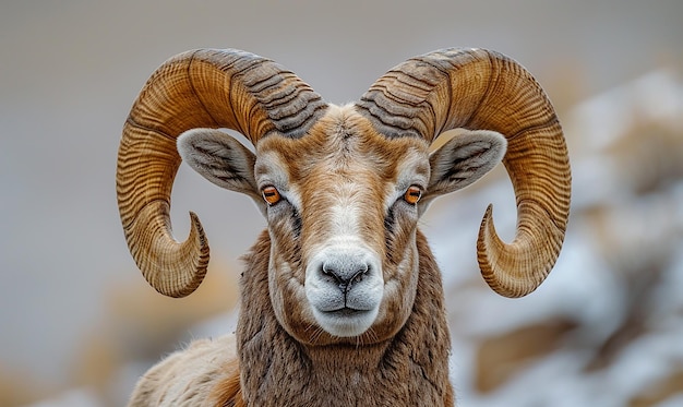 a goat with large horns has a brown face and horns