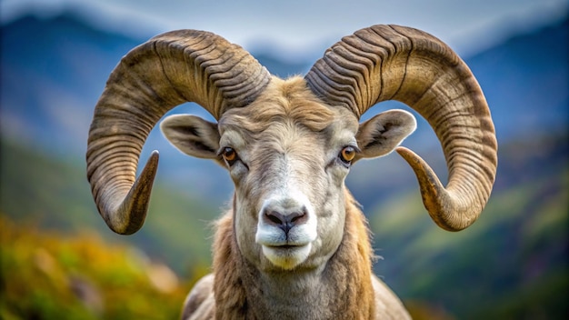 a goat with large horns has a mountain background