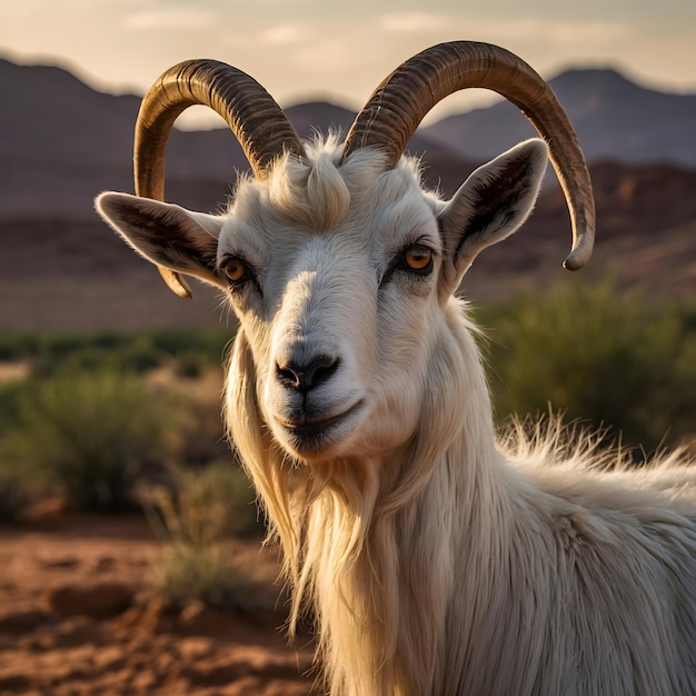 a goat with large horns stands in a desert