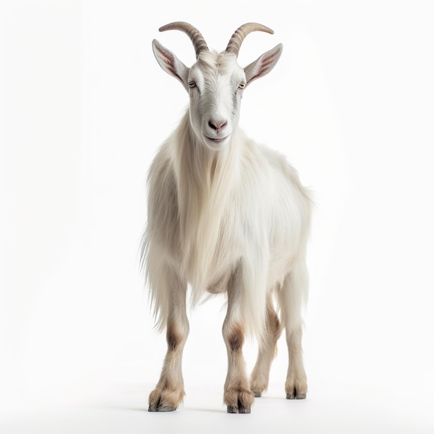 A goat with long horns stands in front of a white background.