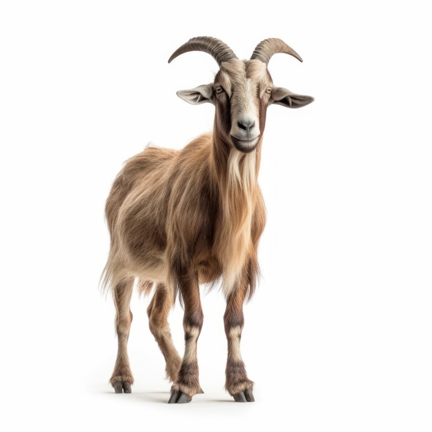 A goat with long horns stands on a white background