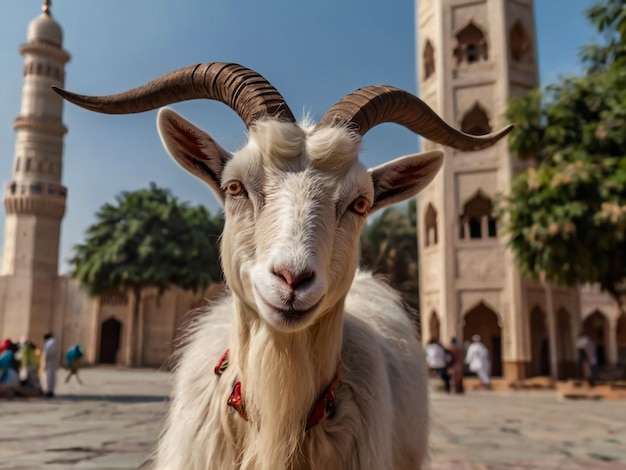 a goat with a red collar is standing in front of a building