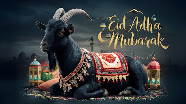 a goat with a red and gold tag on its neck sits on a bed of flowers