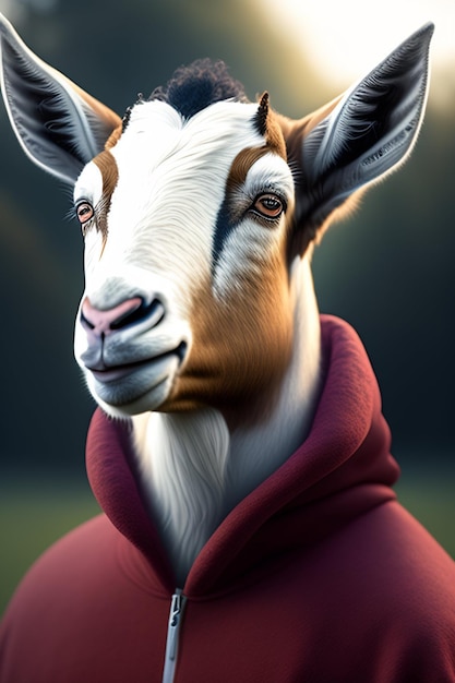 A goat with a red hoodie and a red jacket.