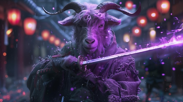 a goat with a sword in his hand and a sword in the background