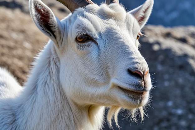 a goat with a white face and brown eyes