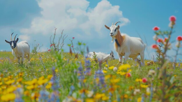 goats playing in the field with flowers Farm animals generative ai