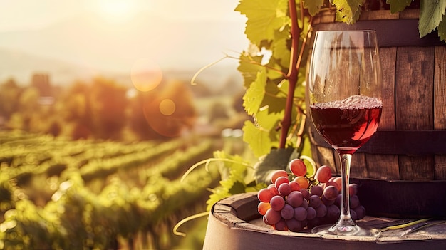 Goblet of wine against background of field of grapes sunset soft sunlight Alcohol glass ruby liquid landscape Calmness and delight in the beauty of nature concept Generative by AI