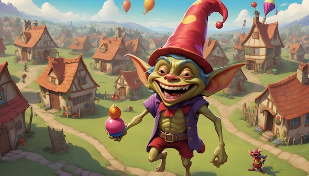 the Goblin with a jester hat and a whoopee cushion pulling hilarious pranks