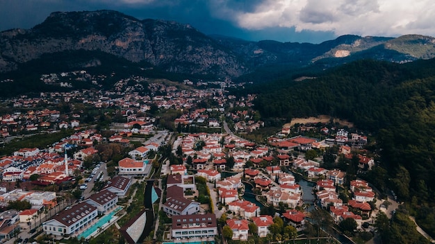 Gocek harbor bay and city of skyline aerial view Fethiye TURKEY