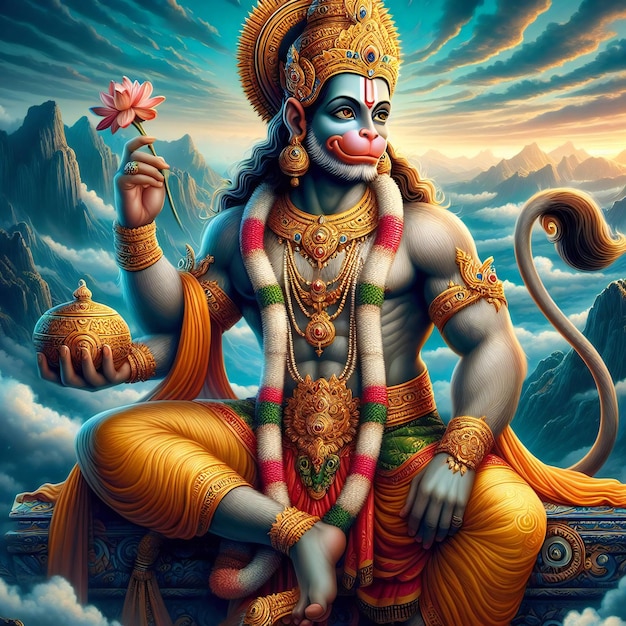 God hanuman with sky background a poster with a statue of deity and the word god