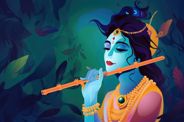 Photo god krishna with bansuri colorful leaf vector background