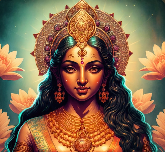 God Laxmi with Lotus big hairs colorful Generative AI