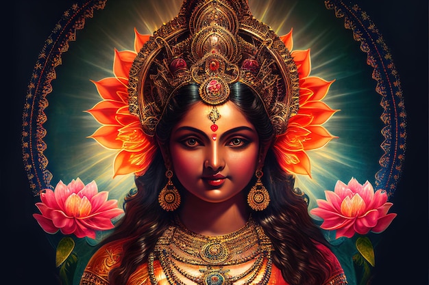 God Laxmi with Lotus big hairs colorful Generative AI