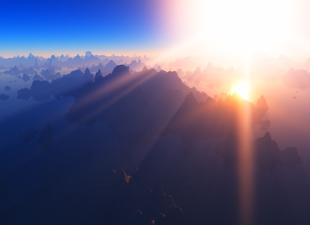 God rays at mountain valley 3d rendering background