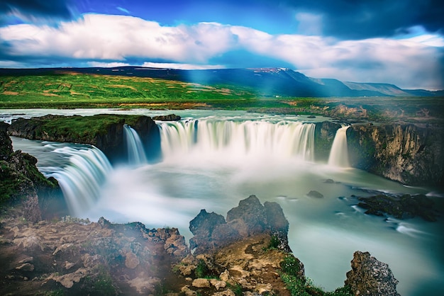 Godafoss waterfall in Iceland summer natural travel background