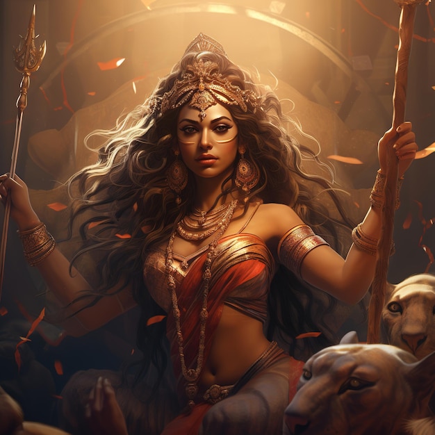 Goddess Durga in Happy Durga Puja Subh Navratri with background Generative Ai