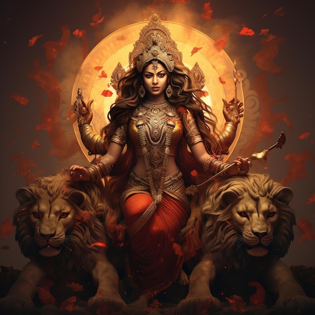 Goddess Durga in Happy Durga Puja Subh Navratri with background