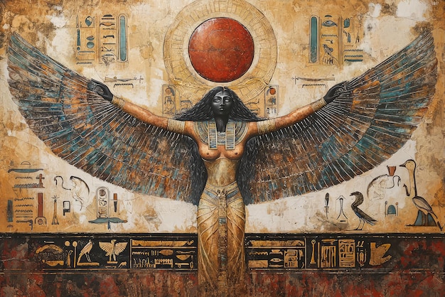 The Goddess Isis A Divine Depiction of Loss and Grace with Majestic Wings Embracing an Ancient Eternal Energy