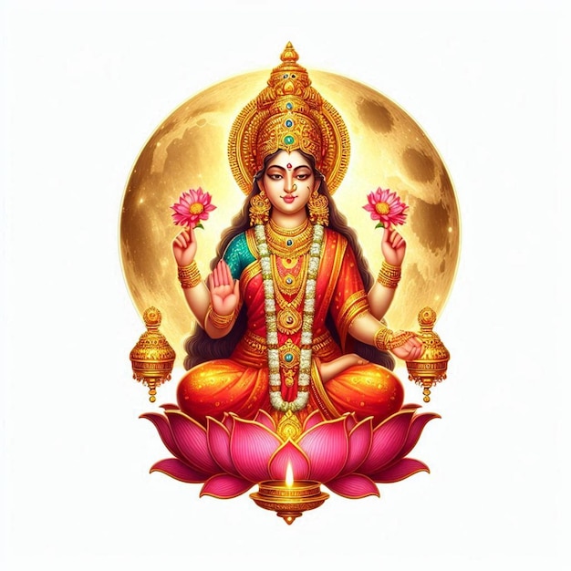 Goddess Lakshmi With Of Money And Flowers In Her Hands Vector Cartoon Illustration Isolated On White